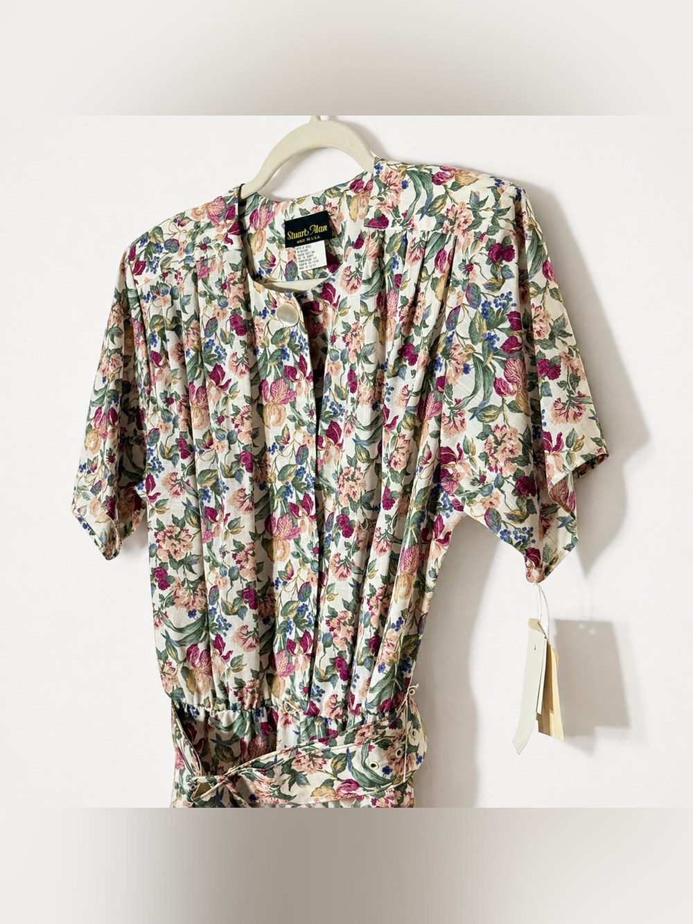 Vintage Deadstock Stuart Alan Floral Midi Dress Pleated Belted Made USA Size 16 - Picture 2 of 8